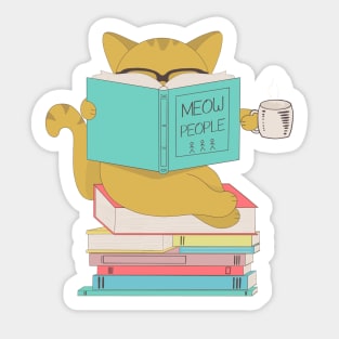 Cat with glasses drinking coffee or tea and reading book Sticker